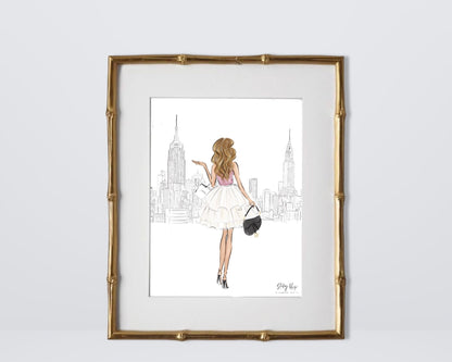 Illustration shows a fashion illustration of Carrie Bradshaw inspired figure from the behind, looking out to a line illustration of New York city